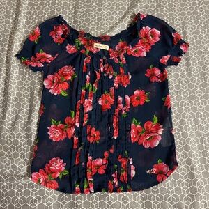 Hollister Chiffon Floral Pink & Navy Short Sleeves Blouse S